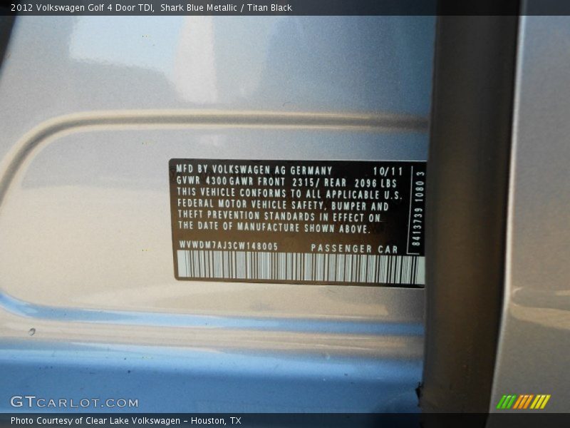 Shark Blue Metallic / Titan Black 2012 Volkswagen Golf 4 Door TDI