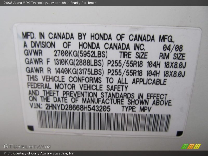 Aspen White Pearl / Parchment 2008 Acura MDX Technology
