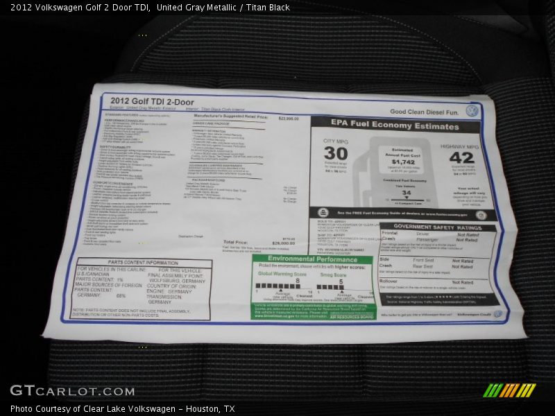  2012 Golf 2 Door TDI Window Sticker