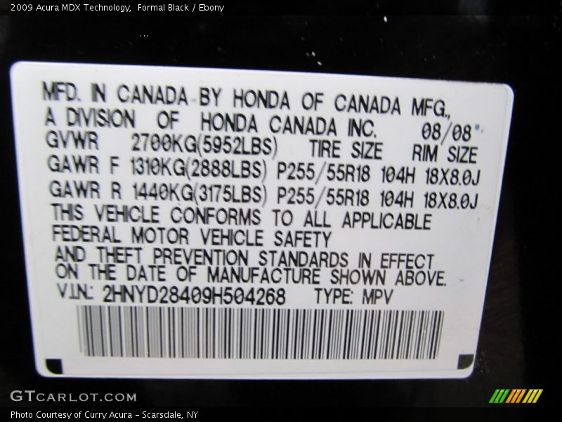 Formal Black / Ebony 2009 Acura MDX Technology