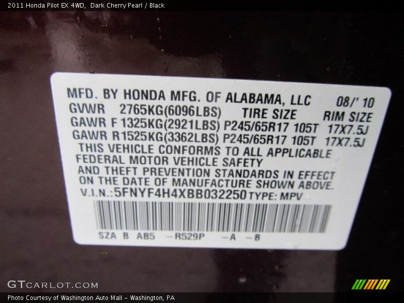 2011 Pilot EX 4WD Dark Cherry Pearl Color Code R529P