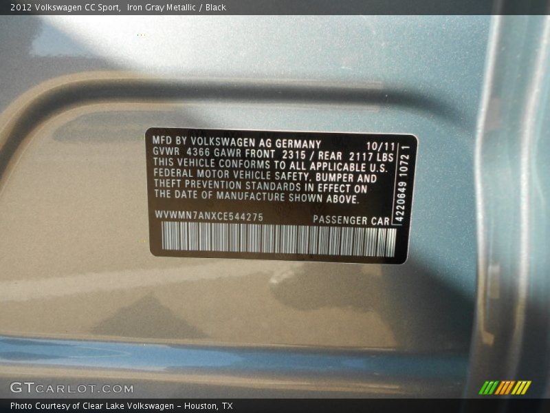 Iron Gray Metallic / Black 2012 Volkswagen CC Sport