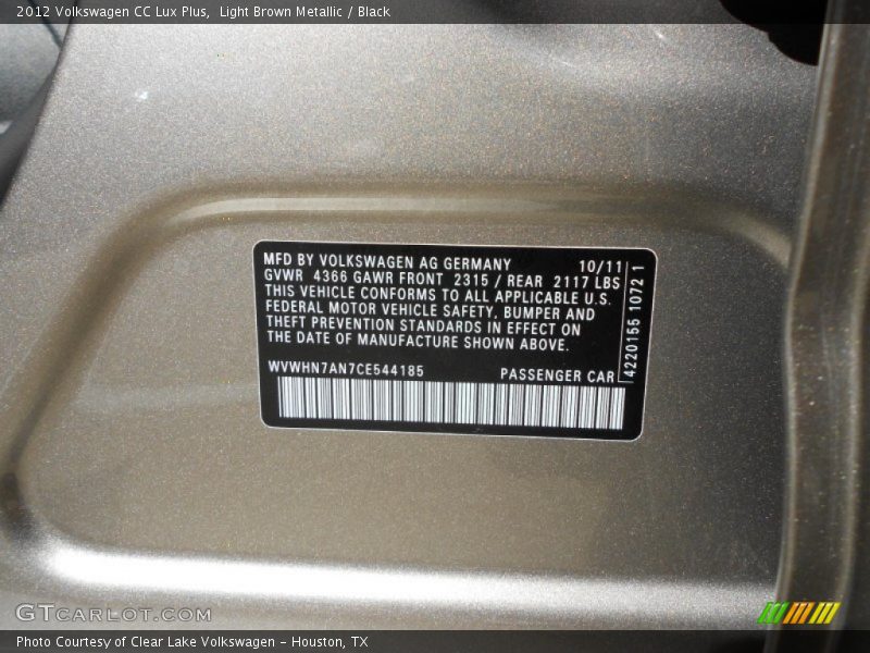 Light Brown Metallic / Black 2012 Volkswagen CC Lux Plus