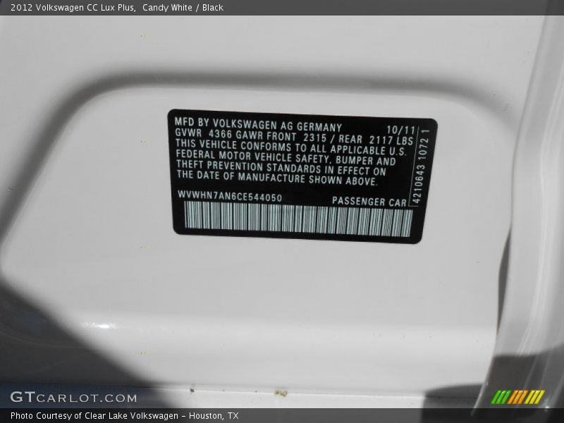 Candy White / Black 2012 Volkswagen CC Lux Plus