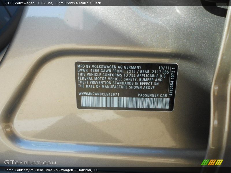Light Brown Metallic / Black 2012 Volkswagen CC R-Line