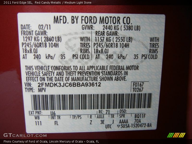 2011 Edge SEL Red Candy Metallic Color Code U6
