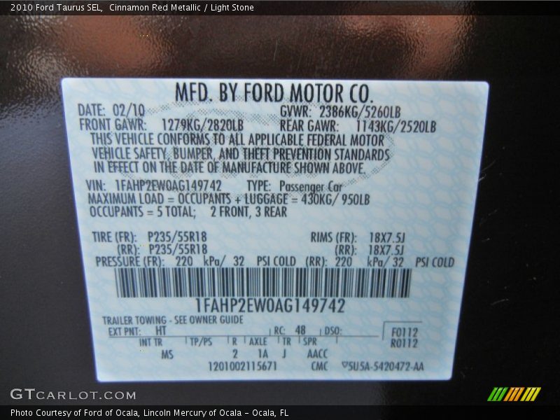 2010 Taurus SEL Cinnamon Red Metallic Color Code HT