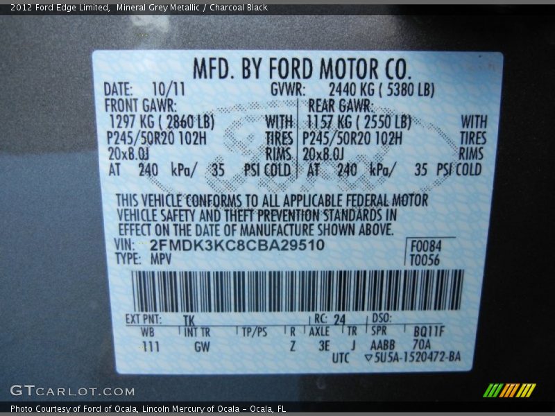 2012 Edge Limited Mineral Grey Metallic Color Code TK