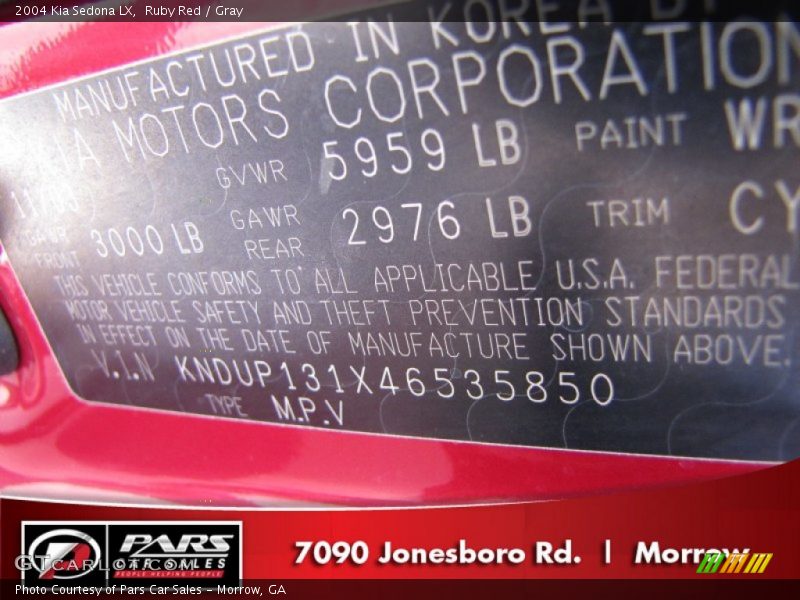 Ruby Red / Gray 2004 Kia Sedona LX