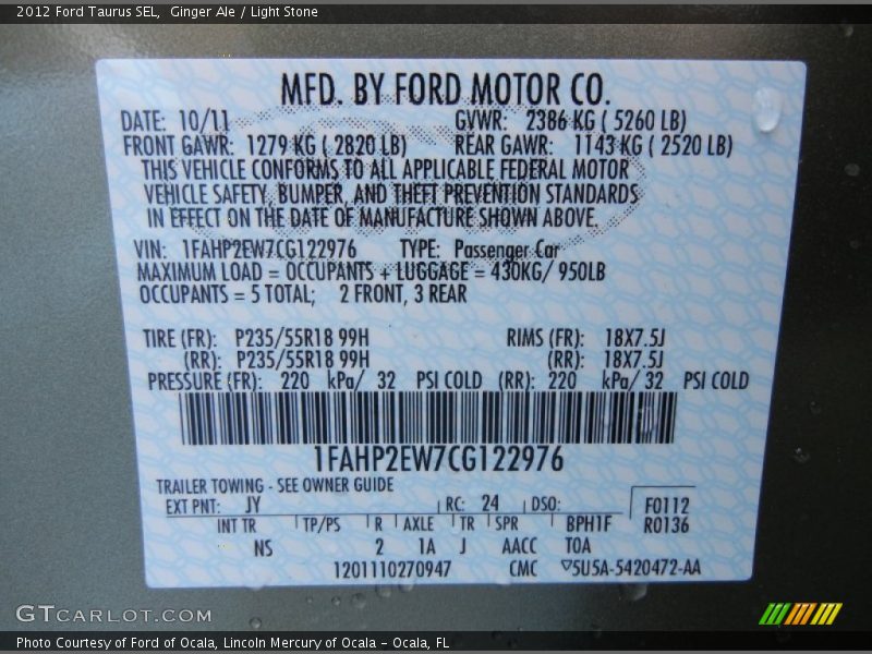 2012 Taurus SEL Ginger Ale Color Code JY