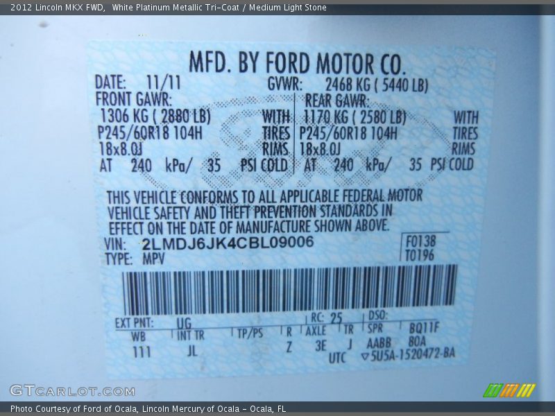 2012 MKX FWD White Platinum Metallic Tri-Coat Color Code UG