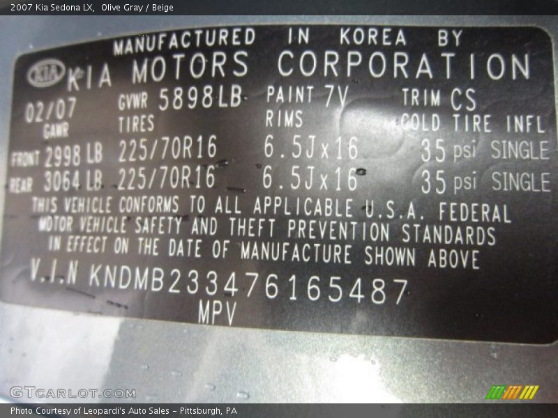 Olive Gray / Beige 2007 Kia Sedona LX
