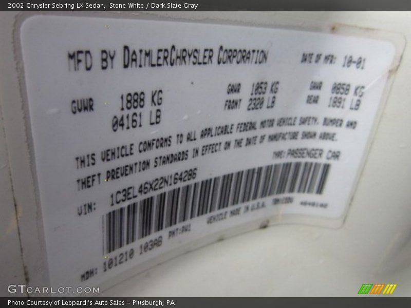 Stone White / Dark Slate Gray 2002 Chrysler Sebring LX Sedan