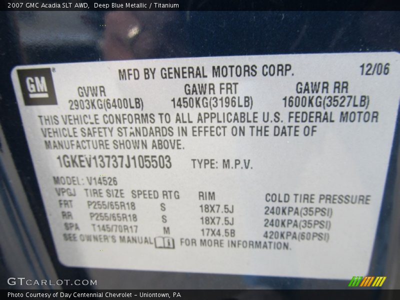 Deep Blue Metallic / Titanium 2007 GMC Acadia SLT AWD