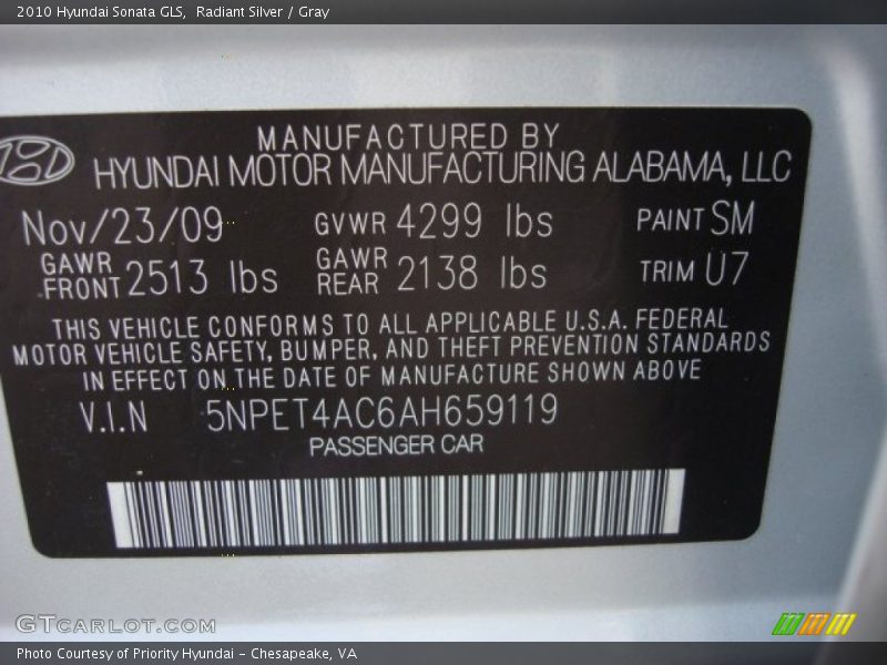 Radiant Silver / Gray 2010 Hyundai Sonata GLS
