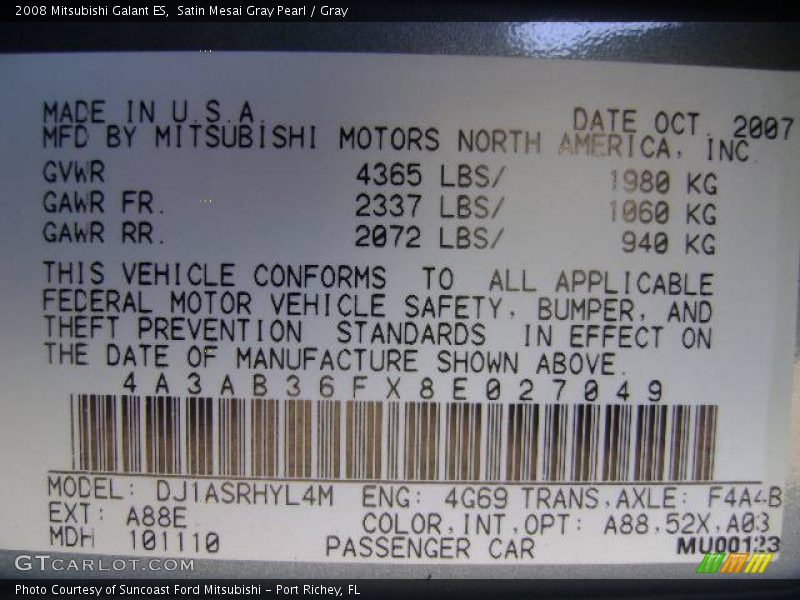 Satin Mesai Gray Pearl / Gray 2008 Mitsubishi Galant ES