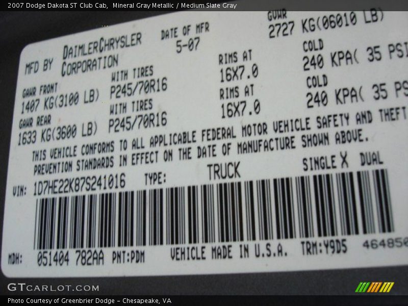 2007 Dakota ST Club Cab Mineral Gray Metallic Color Code PDM