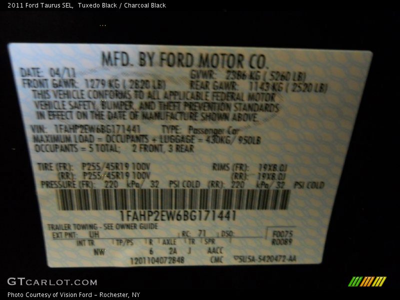 2011 Taurus SEL Tuxedo Black Color Code UH