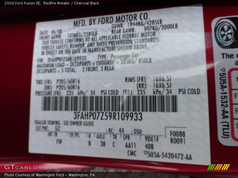 2009 Fusion SE Redfire Metallic Color Code G2