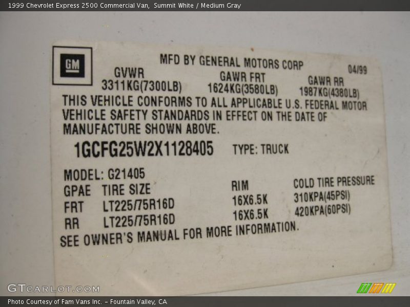 Summit White / Medium Gray 1999 Chevrolet Express 2500 Commercial Van