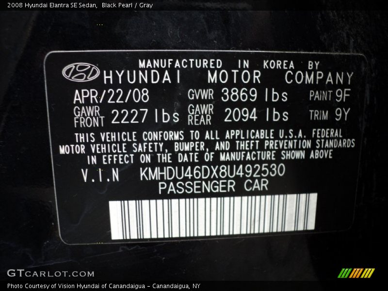 Black Pearl / Gray 2008 Hyundai Elantra SE Sedan