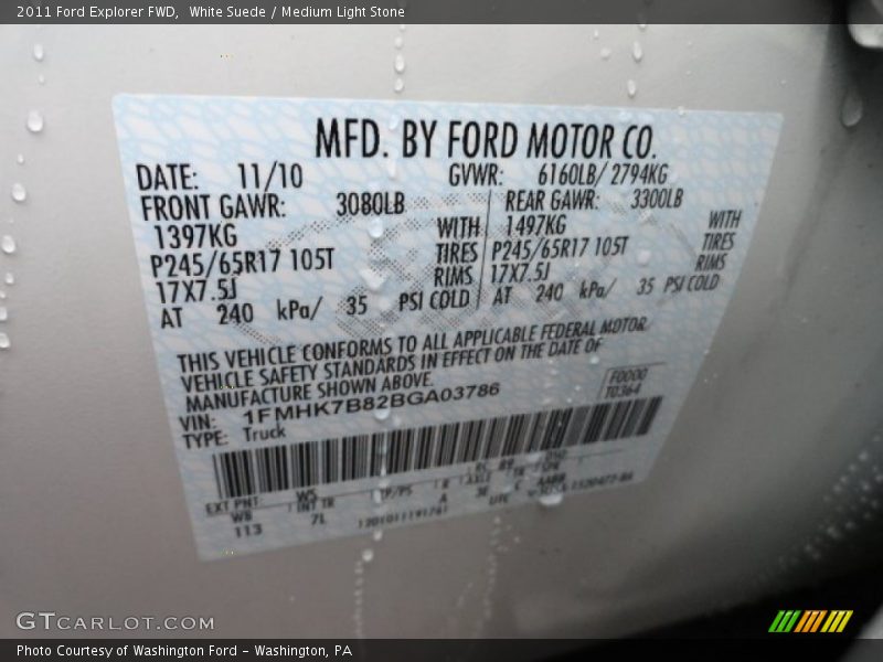 2011 Explorer FWD White Suede Color Code WS