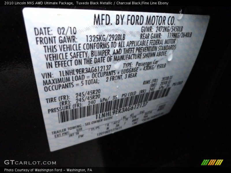 2010 MKS AWD Ultimate Package Tuxedo Black Metallic Color Code UH