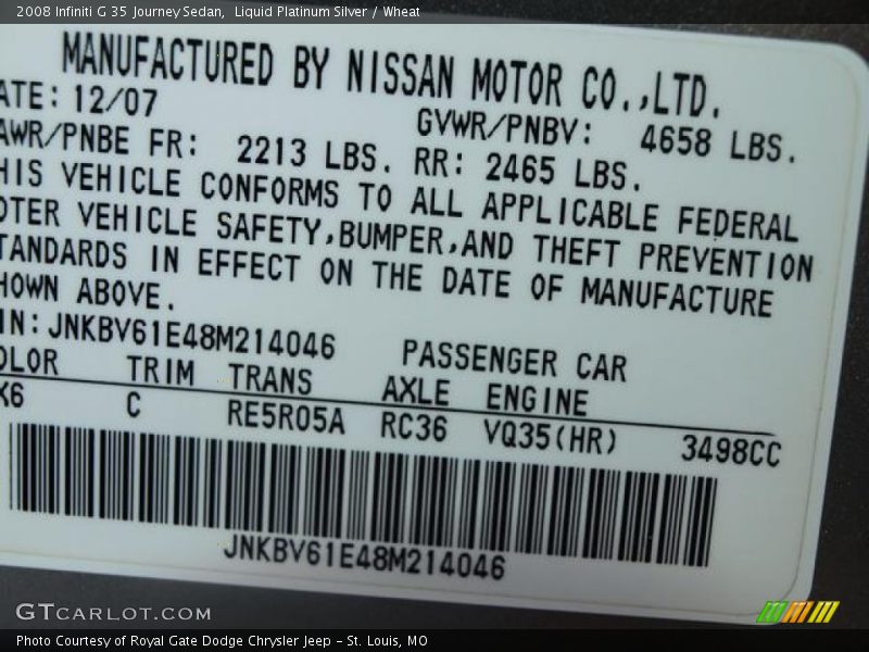 Liquid Platinum Silver / Wheat 2008 Infiniti G 35 Journey Sedan