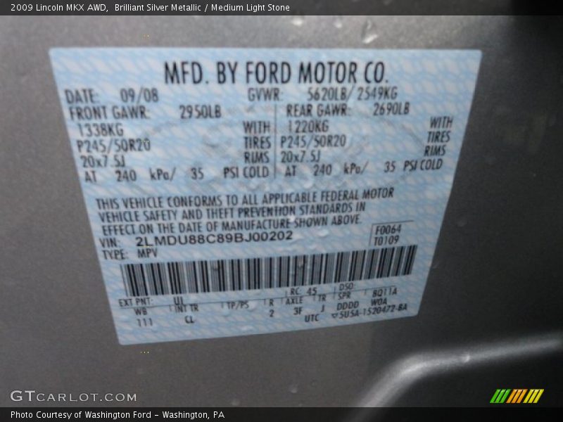 Brilliant Silver Metallic / Medium Light Stone 2009 Lincoln MKX AWD
