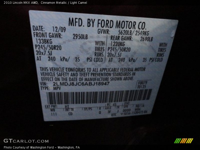 2010 MKX AWD Cinnamon Metallic Color Code HT