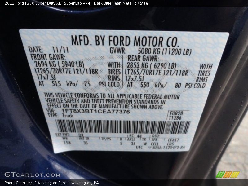 2012 F350 Super Duty XLT SuperCab 4x4 Dark Blue Pearl Metallic Color Code DX