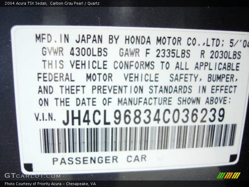 Carbon Gray Pearl / Quartz 2004 Acura TSX Sedan
