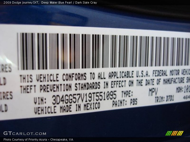 2009 Journey SXT Deep Water Blue Pearl Color Code PBS