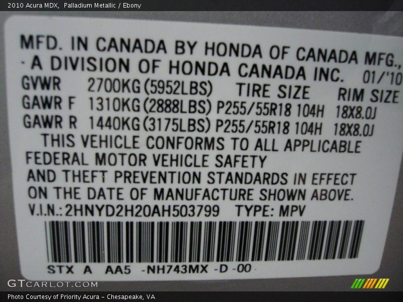 2010 MDX  Palladium Metallic Color Code NH743