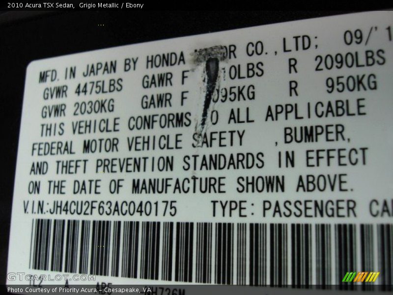 Grigio Metallic / Ebony 2010 Acura TSX Sedan