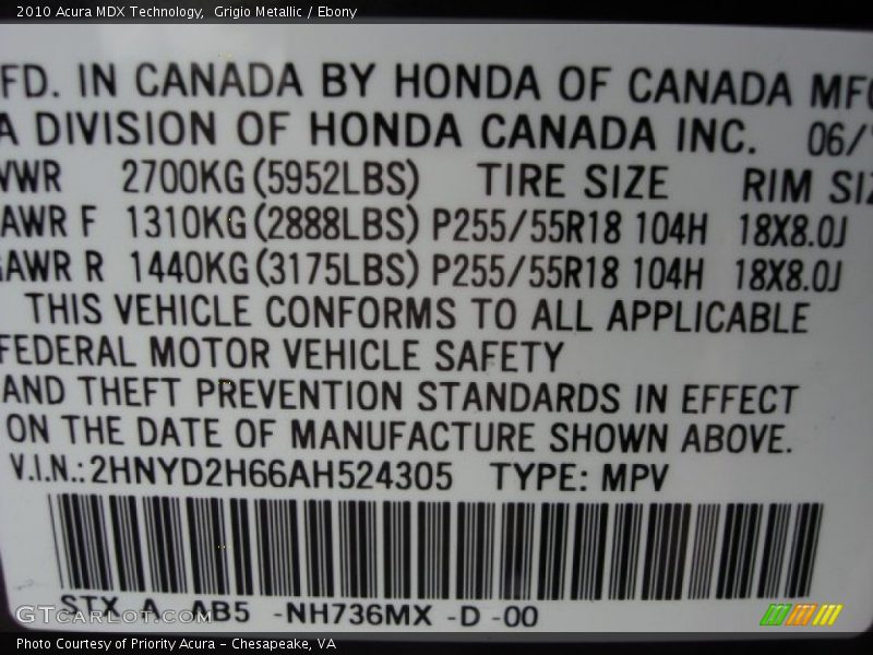 Grigio Metallic / Ebony 2010 Acura MDX Technology