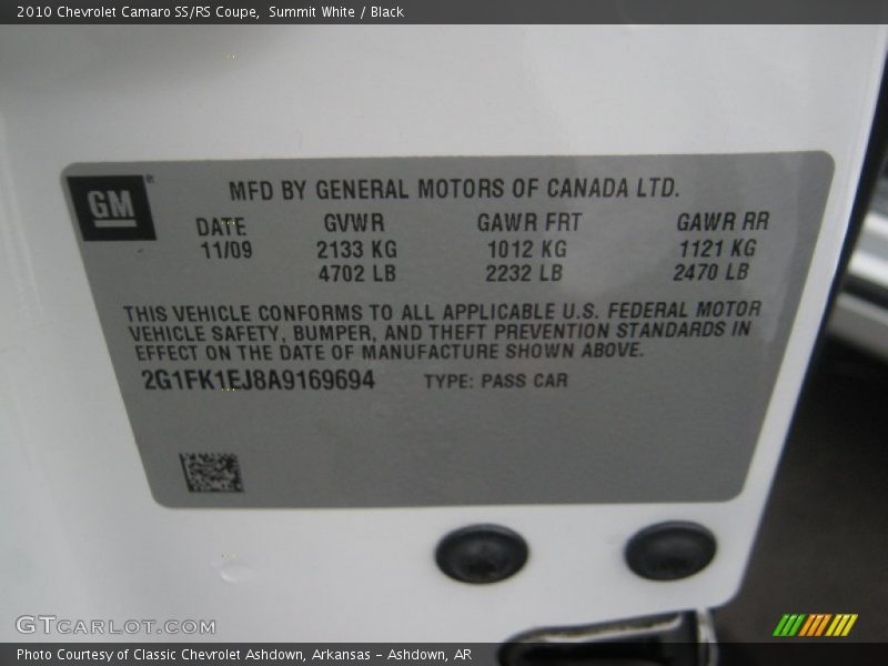 Summit White / Black 2010 Chevrolet Camaro SS/RS Coupe