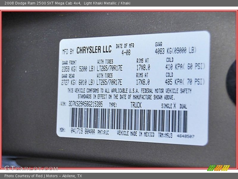 2008 Ram 2500 SXT Mega Cab 4x4 Light Khaki Metallic Color Code PJC