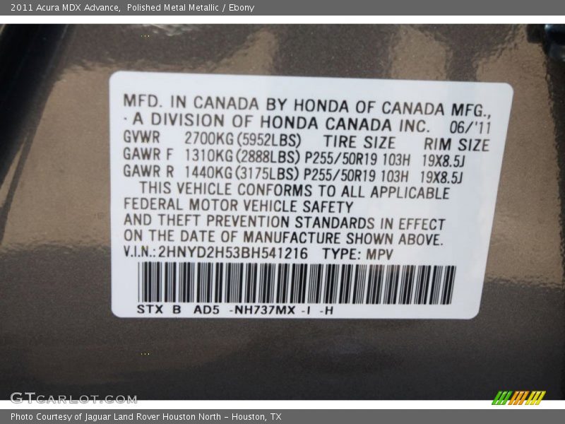 2011 MDX Advance Polished Metal Metallic Color Code NH737MX