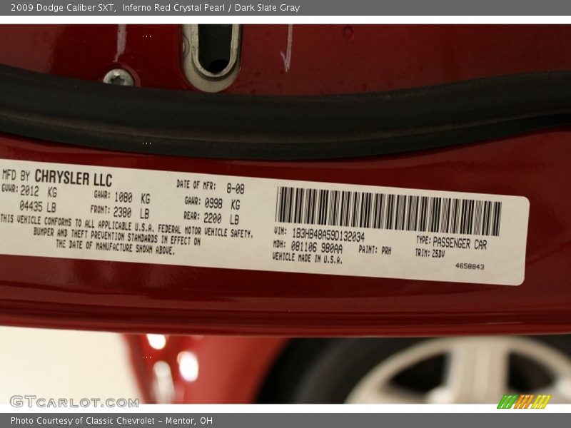 2009 Caliber SXT Inferno Red Crystal Pearl Color Code PRH
