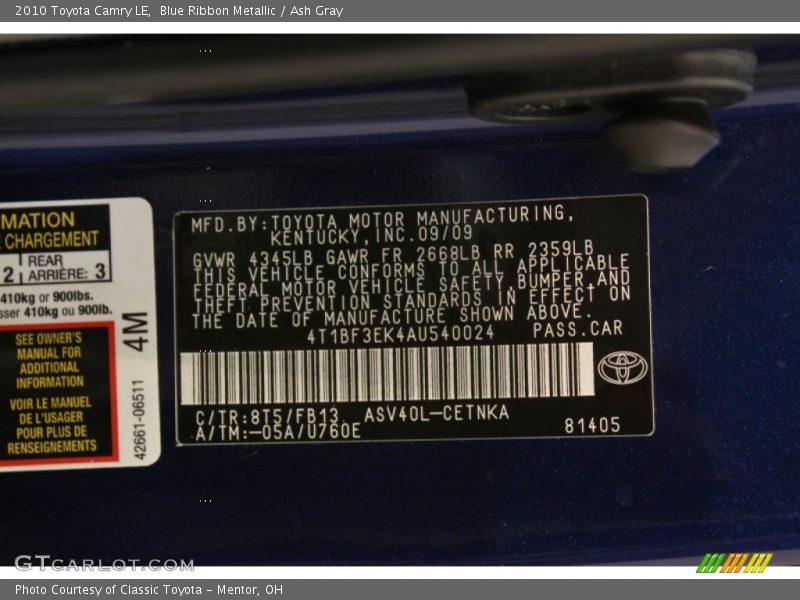 Blue Ribbon Metallic / Ash Gray 2010 Toyota Camry LE
