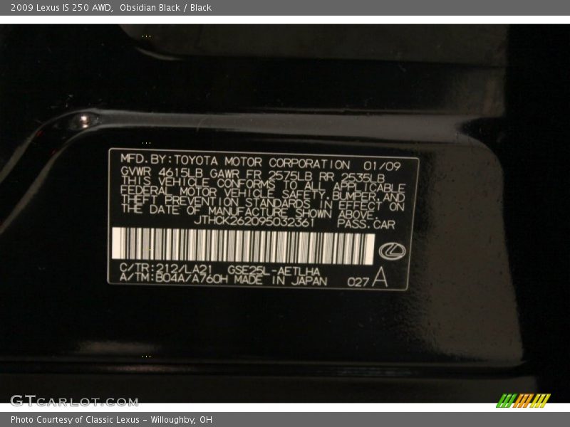 2009 IS 250 AWD Obsidian Black Color Code 212