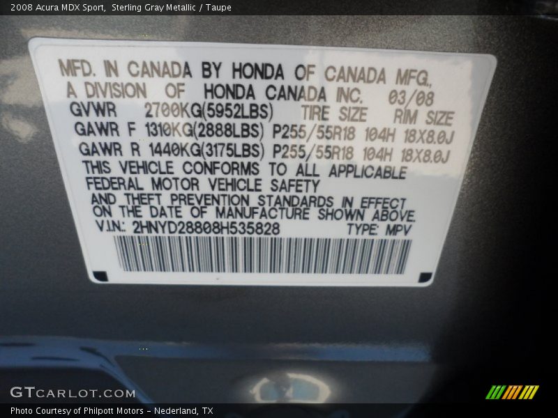 Sterling Gray Metallic / Taupe 2008 Acura MDX Sport
