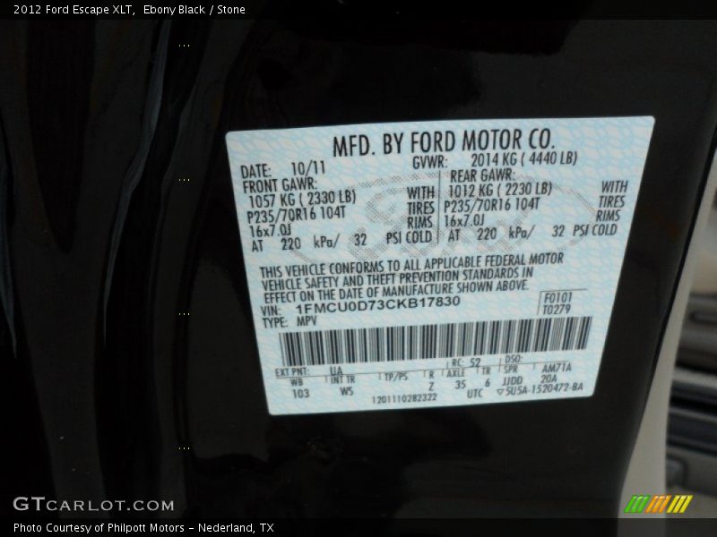 2012 Escape XLT Ebony Black Color Code UA