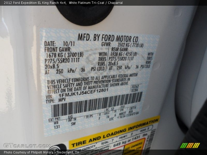 2012 Expedition EL King Ranch 4x4 White Platinum Tri-Coat Color Code UG