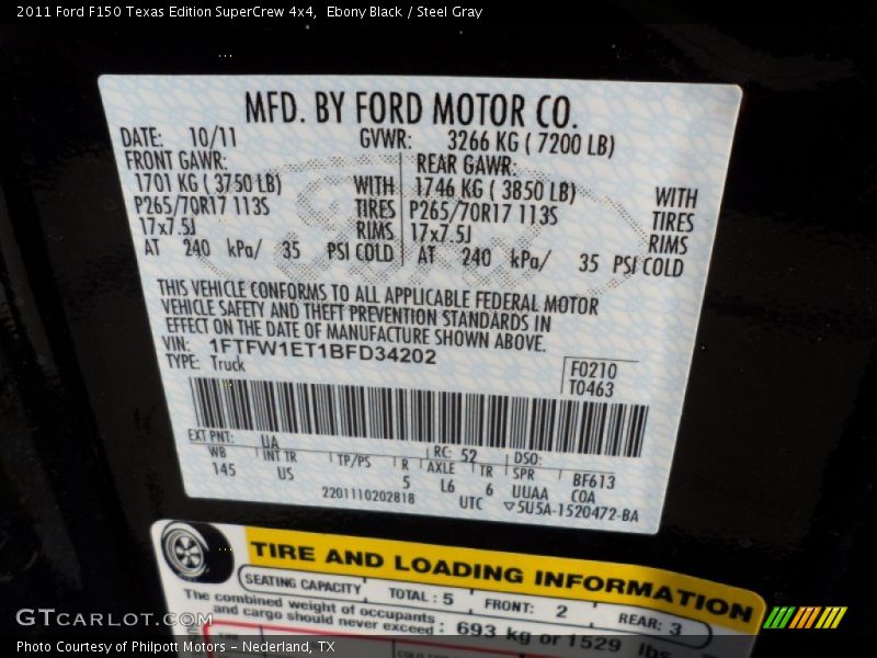 2011 F150 Texas Edition SuperCrew 4x4 Ebony Black Color Code UA