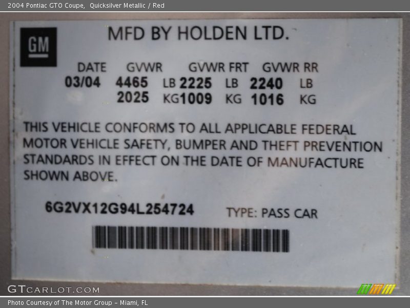 Info Tag of 2004 GTO Coupe