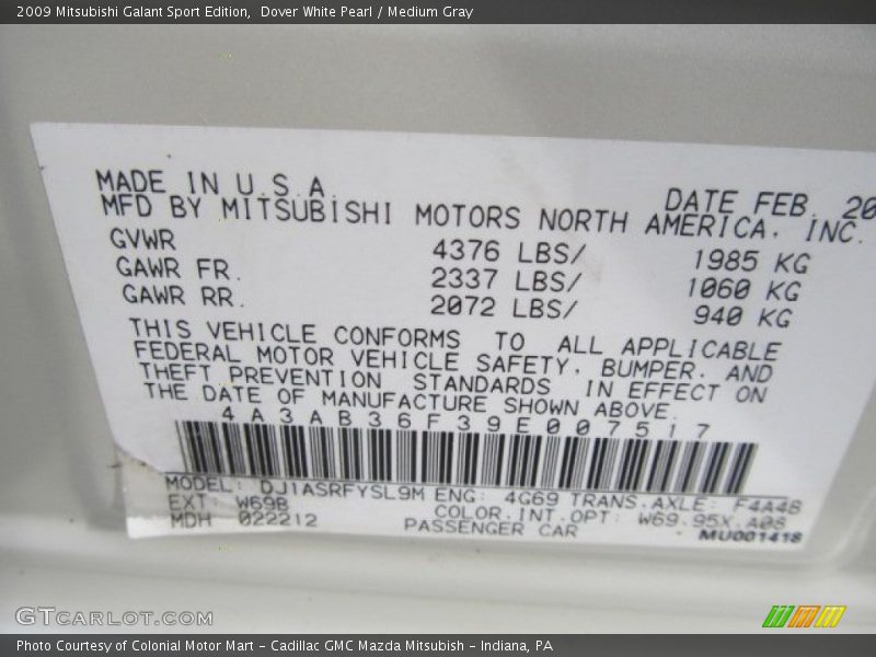 Dover White Pearl / Medium Gray 2009 Mitsubishi Galant Sport Edition