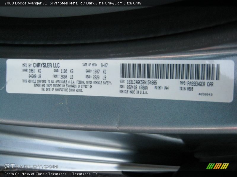 Silver Steel Metallic / Dark Slate Gray/Light Slate Gray 2008 Dodge Avenger SE