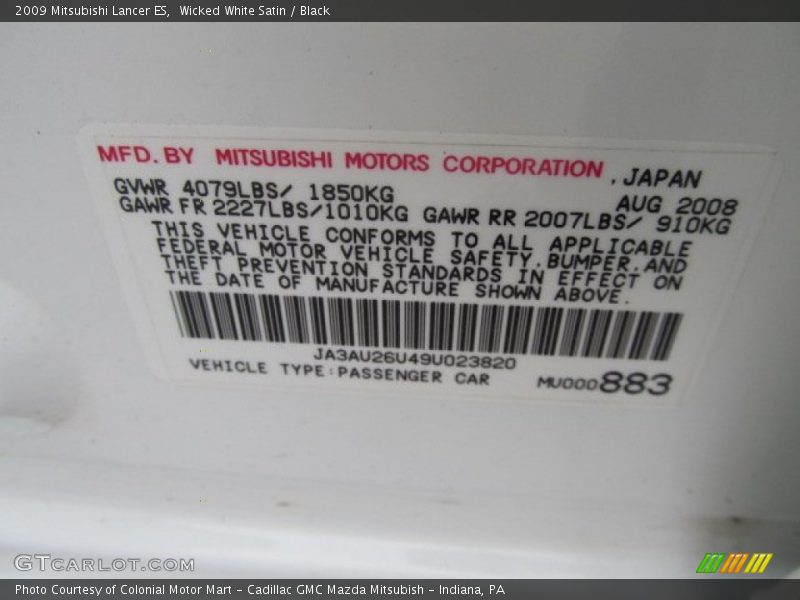 Wicked White Satin / Black 2009 Mitsubishi Lancer ES